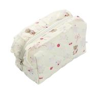 Trousse à CosméTiques MatelasséE 1 Trousse de Maquillage octogonale matelassée avec nœud d'ours, Trousse de Toilette de Voyage Mignonne à Volants, Trousse de Maquillage Portable Tendance(Ivory)