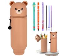 Trousse à Crayons 2 en 1 en Silicone Souple, 3PCS Stylos Gel Effaçables avec Encre Thermosensible, Trousse Silicone Verticale, Motif Animal Stylos à Bille, pour Étudiant Scolaire Cadeaux Rentré