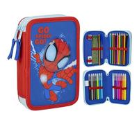 Trousse à crayons 3 compartiments Spidey - Bleu - 12,5 x 4,5 x 19,5 cm - Fabriquée en polyester et PVC - Fermeture à glissière - Accessoires inclus - Produit original conçu en Espagne