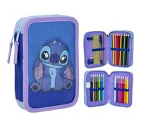 Trousse à crayons 3 compartiments Stitch - Blue - 12,5 x 4,5 x 19,5 cm - Fabriqué en polyester et PVC - Fermeture à glissière - Accessoires inclus - Produit original conçu en Espagne
