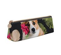 Trousse à crayons 3D avec fermeture éclair et imprimé aigle chauve - En cuir PVC - Triangle - Trousse de maquillage - Pochette à stylos, Fleur tropicale et corgi, Taille unique, Cartable