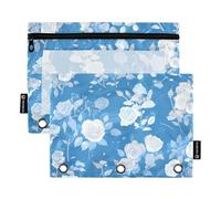 Trousse à crayons à 3 anneaux avec fenêtre transparente, bleu et blanc, romantique, pour la Saint-Valentin, fleurs avec fermeture éclair en différentes couleurs, 3 anneaux, dossier avec