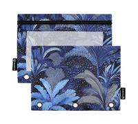 Trousse à crayons à fermeture éclair à 3 anneaux avec fenêtre transparente - Motif feuille mystère bleue - Œillets renforcés - Classeur à 3 anneaux pour salle de classe, école, bureau