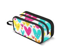 Trousse à crayons à fermeture éclair colorée avec motifs de cœurs et visages pour filles - Imprimé animal - Fournitures scolaires et de bureau - 22,5 x 9 x 11 cm