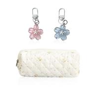 Trousse À Crayons À Fleurs Blanches 1 Pièce, Porte-Clés en Fleurs De Cerisier 2 Pièces, Trousse De Toilette De Voyage Portable, Sac De Rangement Cosmétique, Pendentif De Décoration De Sac.