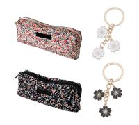 Trousse À Crayons À Fleurs Et Fruits 2 Pièces Et Porte-Clés À Fleurs 2 Pièces, Trousse À Crayons Rétro De Style Littéraire, Trousse À Cosmétiques Portable pour Voyage.