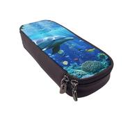 Trousse à crayons à rabat en cuir avec motif drapeau américain, étoiles, rayures - Organiseur multifonction pour l'école, le bureau et les voyages, 3D Underwater World Poisson Dolphi, Taille unique