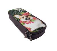 Trousse à crayons à rabat en cuir imprimé dragon jaune sur fond noir - Organiseur multifonction pour l'école, le bureau et les voyages, Fleurs tropicales et corgi 2, Taille unique, Cartable