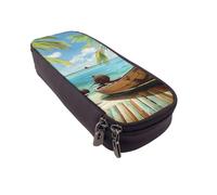Trousse à crayons à rabat en cuir imprimé tête de mort - Organiseur multifonction pour l'école, le bureau et les voyages, Seaside Boat Feuilles de noix de coco, Taille unique, Cartable