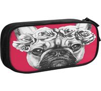 Trousse À Crayons Animal Portrait Bulldog Roses, Grande Capacité Grande Pochette Porte-Stylo