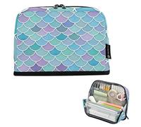 Trousse à crayons aquarelle écailles de sirène bleue avec fermeture éclair - Grande pochette à stylos mignonne pour filles - Papeterie pour enfants - Fournitures de rentrée scolaire