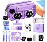 Trousse à crayons avec compartiments, boîte à crayons transparente Kawaii | Le panneau avant transparent sur le thème du chat ajoute une touche Kawaii lumineuse, spacieuse et durable. Peut contenir