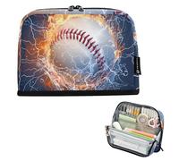 Trousse à crayons avec fermeture éclair - Grandes flammes de baseball - Bleu marine - Sac à crayons mignon pour filles - Fournitures scolaires
