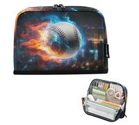 Trousse à crayons avec fermeture éclair - Jolie trousse à crayons pour filles - Colorée - Fournitures de rentrée scolaire - Baseball - Flammes bleues et rouges - Nuit