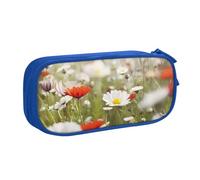Trousse à crayons avec fermeture éclair lisse et motif fleurs de prairie et marguerite, grande trousse à crayons portable, trousse de rangement pour fournitures scolaires, trousse de maquillage, bleu,