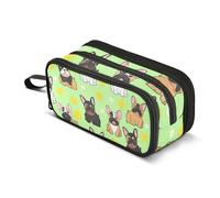 Trousse à crayons avec fermeture éclair - Motif bouledogues français - Vert - Pour salle de classe - Pour adultes et enfants - 22,5 x 9 x 11 cm