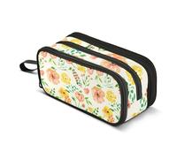 Trousse à crayons avec fermeture éclair - Motif fleurs aquarelle - Jaune pêche - Pour garçons et filles - Organiseur spécial pour la rentrée scolaire - 22,5 x 9 x 11 cm