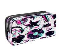 Trousse à crayons avec fermeture éclair pour garçons et filles, fournitures scolaires et de bureau, rose grunge et notes de musique violon, Équipement audio Glitch, 2.3x8.2x3.9in/6x21x10cm, Trousse à