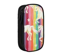 Trousse à crayons avec imprimé licornes sur rayures colorées, grande capacité, 2 compartiments à double fermeture éclair, tissu Oxford de qualité supérieure, esthétique, trousse de papeterie pour