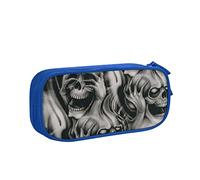 Trousse à crayons avec imprimé tête de mort maléfique - Grande capacité - Double fermeture éclair - Pour bureau, collège, école, adulte, adolescent, fille, garçon, bleu, taille unique, impression de