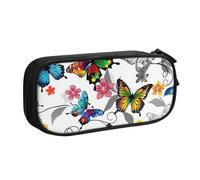 Trousse à crayons avec motif floral blanc et papillons colorés - Grande capacité - Noir - Double couche - Organiseur de papeterie - Trousse de maquillage pour l'école, le bureau, les voyages, Noir ,