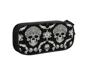 Trousse à crayons avec motif floral et tête de mort - Grande capacité - Avec compartiments - Fermeture éclair - Pour garçons et filles - Pour garçons et filles - Étudiants - Université - École ou