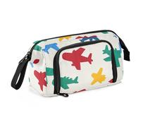 Trousse à crayons beige avec motif silhouette d'avion de dessin animé de grande capacité avec compartiment pour adolescent pour étudiant collège