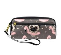 Trousse à crayons, carlin dans un flamant rose avec anneau de natation, pochette en cuir synthétique avec fermeture éclair pour garçons et filles, fournitures scolaires et de bureau