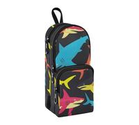Trousse à crayons colorée avec motif requin - Grande capacité - Avec compartiment - En forme de cartable - Pour l'école, le bureau, le travail, Motif requin coloré, Taille unique, Mallette