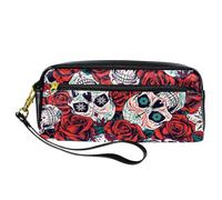 Trousse à crayons Day of the Dead Sugar Skulls Red Rose Pen Bag Pouch PU Leather Stationery Pouch with Zipper for Boys Girls School & Office Supplies
