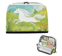 Trousse à crayons de grande capacité à large ouverture - Sac multifonction pour adolescents - Indispensable pour l'école - Licornes - Vert prairie