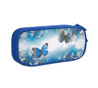 Trousse à crayons de grande capacité avec imprimé papillons bleus et fleurs blanches double couche noire pour l'école, le bureau, les voyages, bleu, Taille unique, Cartable