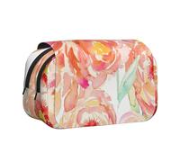 Trousse à crayons de grande capacité pour filles et garçons, trousse à crayons double couche avec couvercle à rabat, trousse à crayons de couleur pêche pivoine, trousse de maquillage portable pour