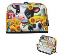 Trousse à crayons de rangement mignonne vache de ferme tournesols Sunlight Trousse à crayons avec fermeture éclair Grande pochette à stylos mignonne pour filles Personnalisé rentrée scolaire adultes