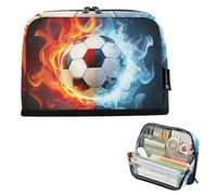 Trousse à crayons de rangement motif football rouge et bleu flammes noires avec fermeture éclair - Grande pochette mignonne pour filles - Fournitures de bureau
