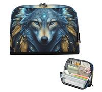 Trousse à crayons de rangement mystique bleue avec tête de loup céleste - Trousse à crayons à fermeture éclair mignonne pour filles - Papeterie spéciale pour enfants - Organiseur scolaire