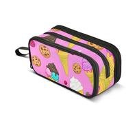 Trousse à crayons de voyage avec fermeture éclair - Grande pochette mignonne pour filles - Fournitures scolaires et de bureau - Motif dessin animé - Crème glacée - Cookie - Rose - 22,5 x 9 x 11 cm