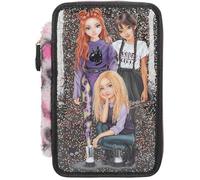 Depesche Trousse à crayons TOPModel Rebel Kitty – 3 compartiments, noir, paillettes, fourrure léo
