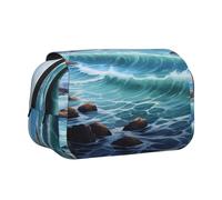 Trousse à crayons double couche à rabat de qualité supérieure, grande capacité de 20 cm, en tissu Oxford pour étudiants, adolescents, trousse à stylos pour esquisses de voyage, paysage de la mer bleue