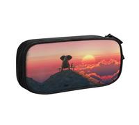 Trousse à crayons double couche avec motif éléphant et chien Le coucher de soleil - Grande capacité - En tissu polyester imprimé - Pour l'école, le bureau, les voyages, Noir , Taille unique