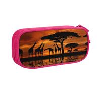 Trousse à crayons double couche avec motif girafe sous l'arbre en Afrique - Grande capacité - Personnalisable - En tissu polyester - Pour l'école, le bureau, les voyages, rose, Taille unique