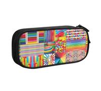 Trousse à crayons double couche de grande capacité, motif collage coloré, organiseur personnalisable en tissu polyester pour école, bureau, voyage, Noir , Taille unique