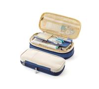 Trousse à crayons double couche grande capacité pochette coton lin fermeture éclair sacs de rangement fournitures étudiants bleu marine, bleu marine, Fidèle à la description, comme description