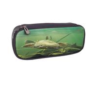 Trousse à crayons en cuir avec fermeture éclair et rabat - Grande capacité - Motif poisson-chat