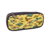 Trousse à crayons en cuir avec fermeture éclair et rabat - Grande capacité - Motif voiture et vélo