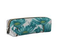 Trousse à crayons en cuir avec fermeture éclair - Imprimé floral bleu sarcelle gris et blanc - Pour le travail et le bureau - Pour homme et femme, doré, Taille unique, Trousse de toilette