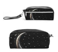 Trousse à crayons en cuir avec fermeture éclair - Motif croissant de lune sur fond noir - Petite trousse de maquillage portable - Organiseur de fournitures de bureau pour homme et femme
