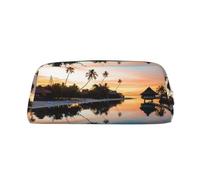 Trousse à crayons en cuir avec imprimé coucher de soleil tropical, trousse spacieuse et élégante avec fermeture éclair pour le bureau