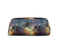 Trousse à crayons en cuir avec imprimé coucher de soleil tropical, trousse spacieuse et élégante avec fermeture éclair pour le bureau