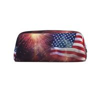 Trousse à crayons en cuir avec motif drapeau américain de feu d'artifice du 4 juillet - Grande capacité - Esthétique - Trousse de maquillage en cuir pour femme et homme - Trousse de toilette de voyage